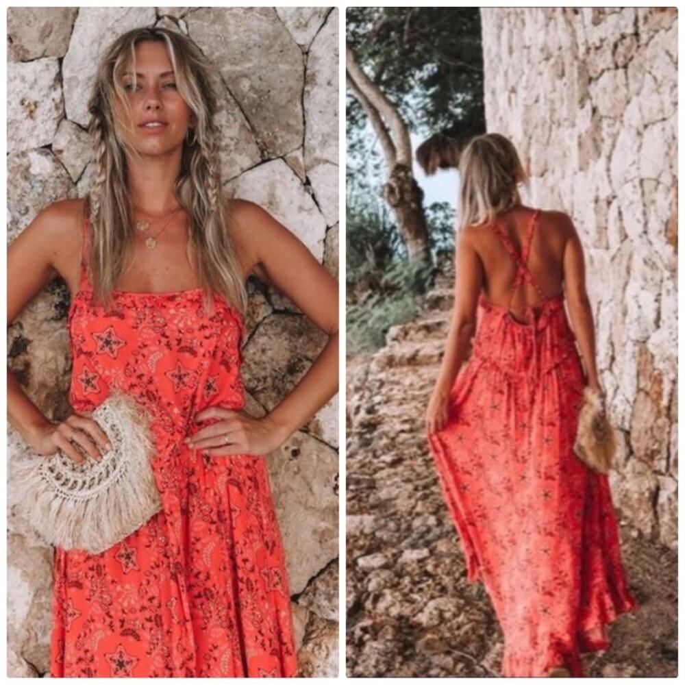 Spell x REVOLVE Women's Celestial Floral Playdress Ruffle Trim in Red Size Small
